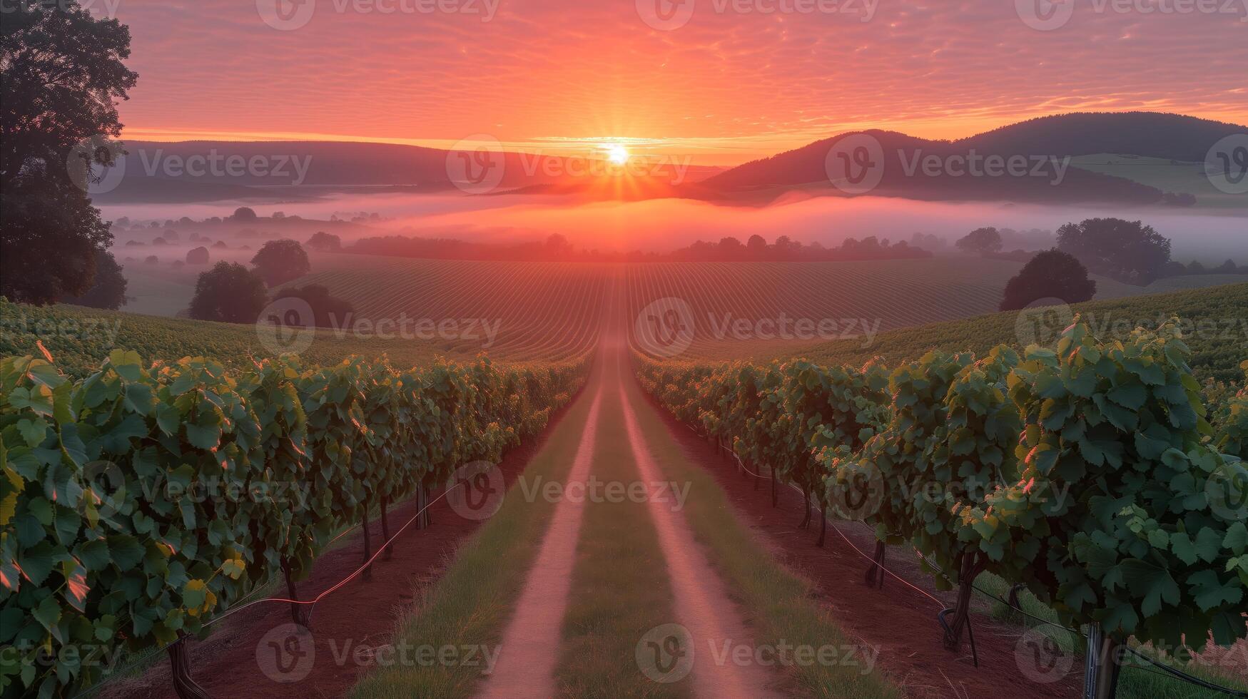 ai generato sole ambientazione al di sopra di vigneto foto