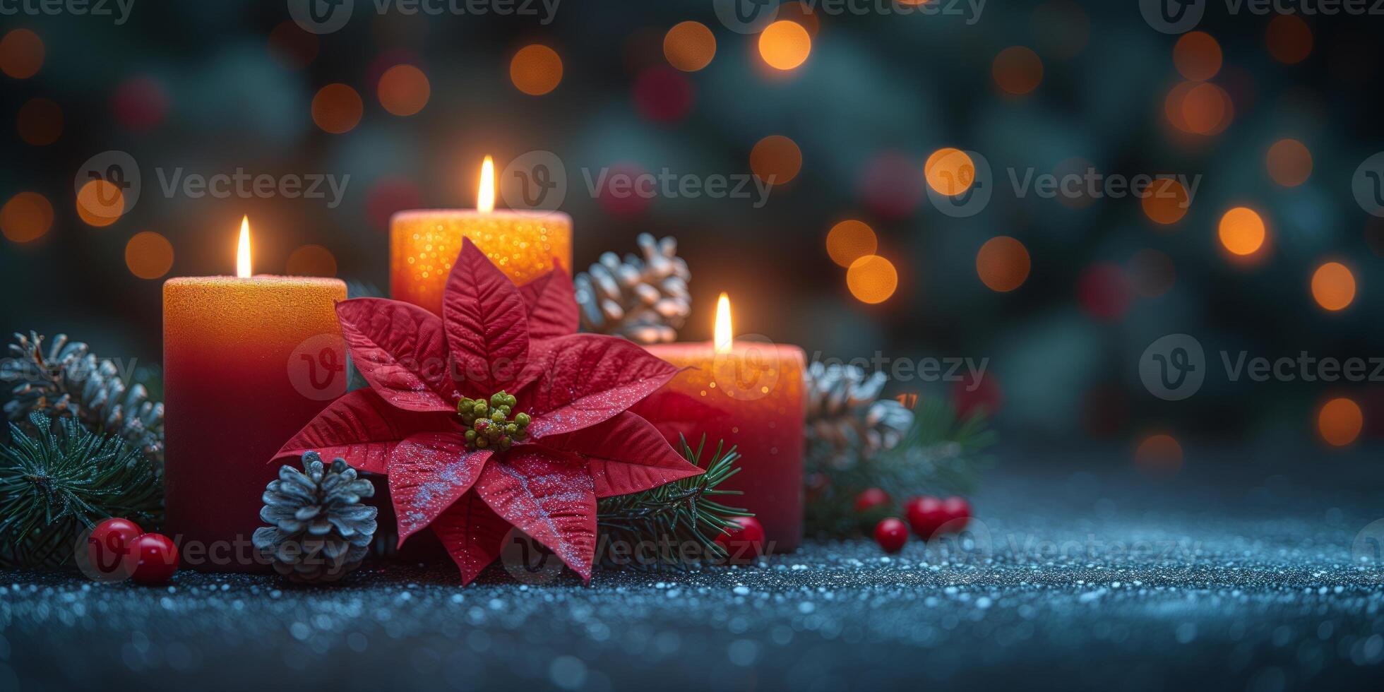 ai generato tre candele con poinsettia e pino coni foto