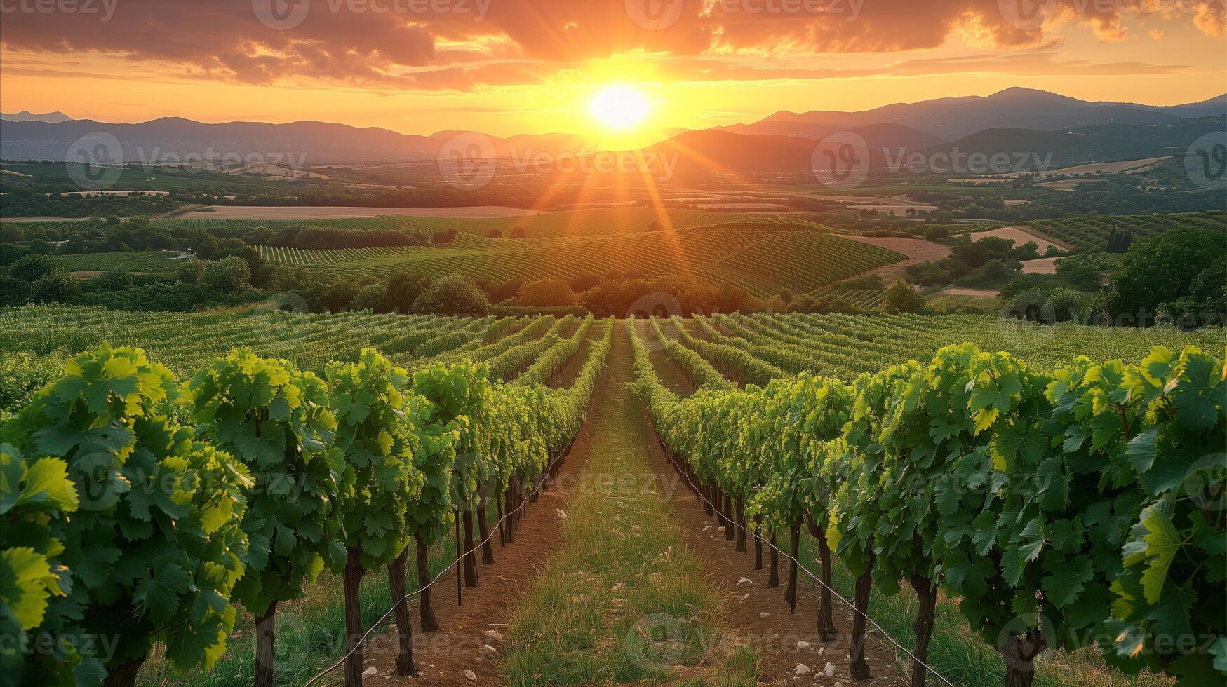 ai generato sole ambientazione al di sopra di vigneto, getto caldo splendore su uva foto