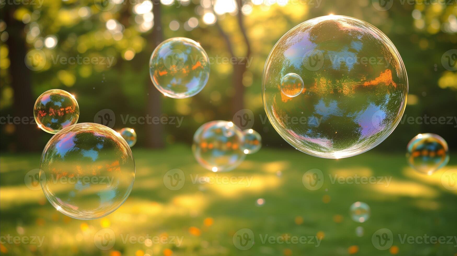 ai generato galleggiante sapone bolle nel il aria su un' soleggiato giorno foto