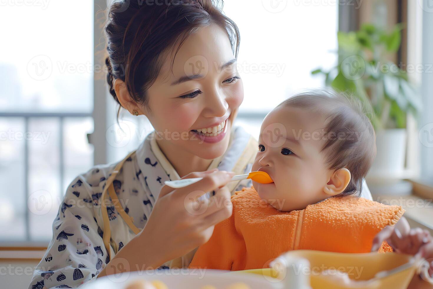 ai generato La madre di amore a ora dei pasti con sua bambino foto