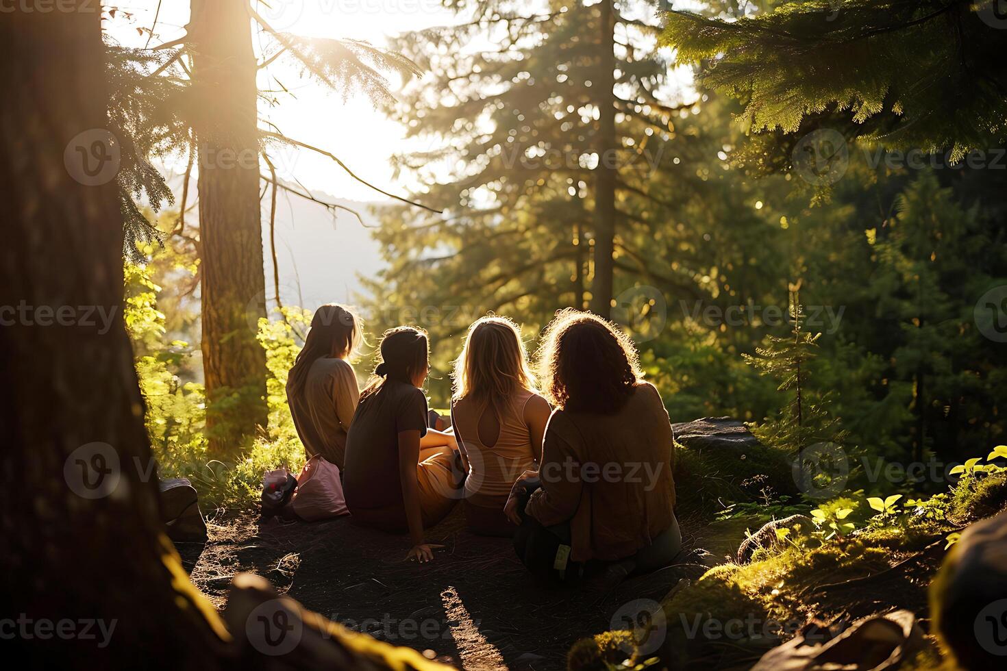 ai generato giovanile amici godendo foresta tramonto foto