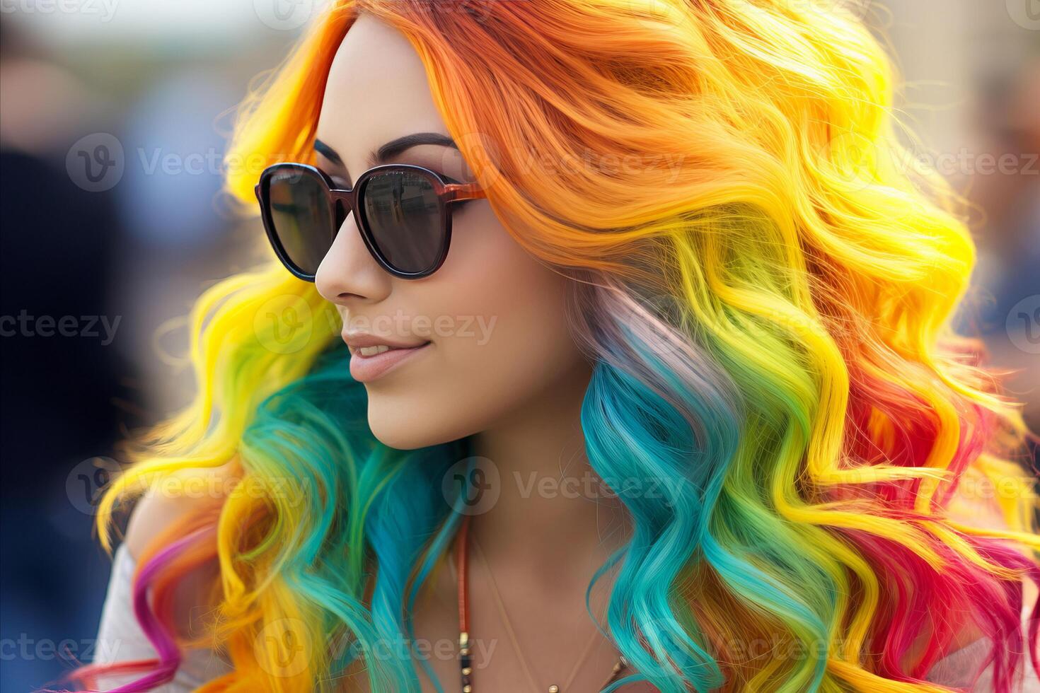 ai generato vivace ritratto di un' elegante ragazza con multicolore Riccio capelli indossare di moda occhiali da sole foto