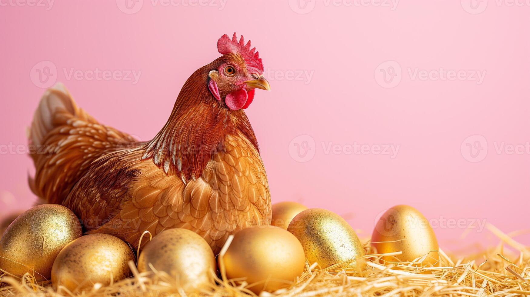 ai generato Pasqua gallina con d'oro uova scena foto