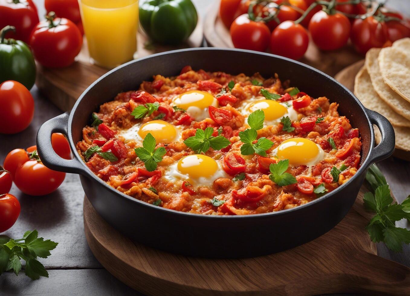 ai generato uomini tradizionale Turco piatto. un' piatto di strapazzate uova con pomodori, verde peperoni e erbe aromatiche foto