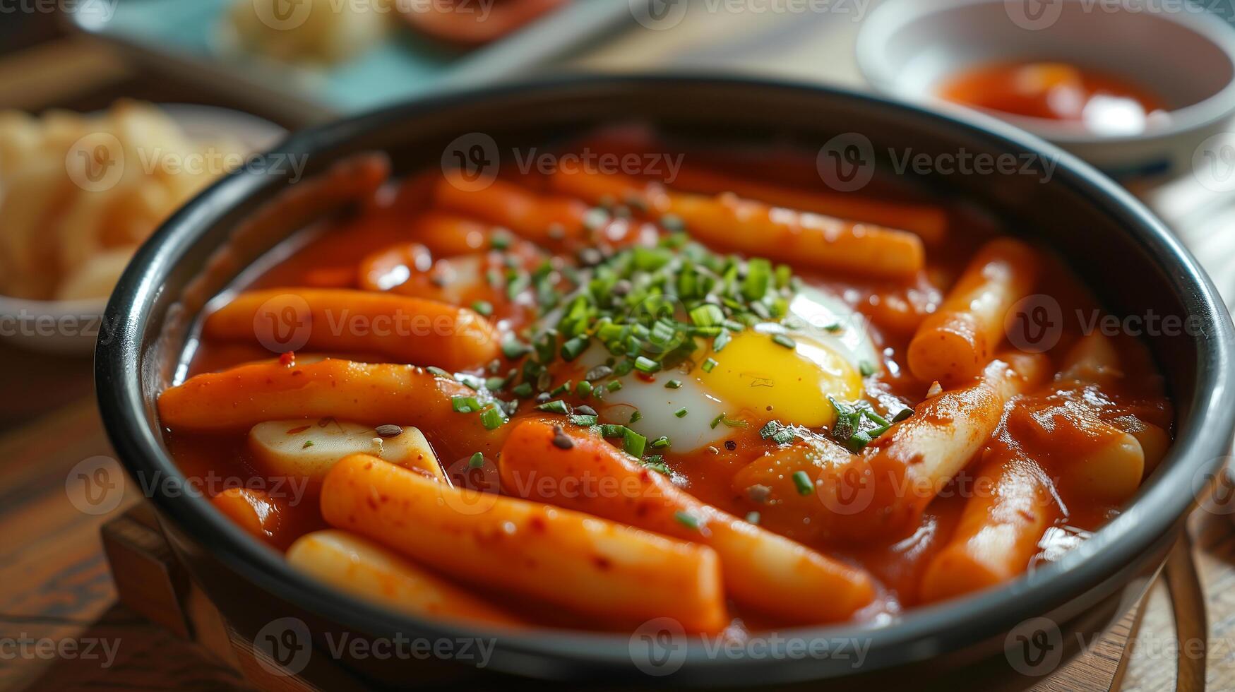 ai generato tteokbokki su il piatto su di legno tavolo. orientale cucina. coreano piatto nel avvicinamento. fotorealistico. ai generato. foto