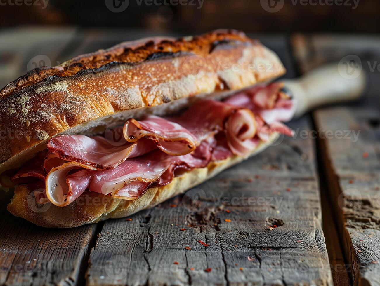 ai generato Sandwich con pezzi di secco carne mortadella. italiano merenda nel avvicinamento. fotorealistico, sfondo con bokeh effetto. ai generato. foto