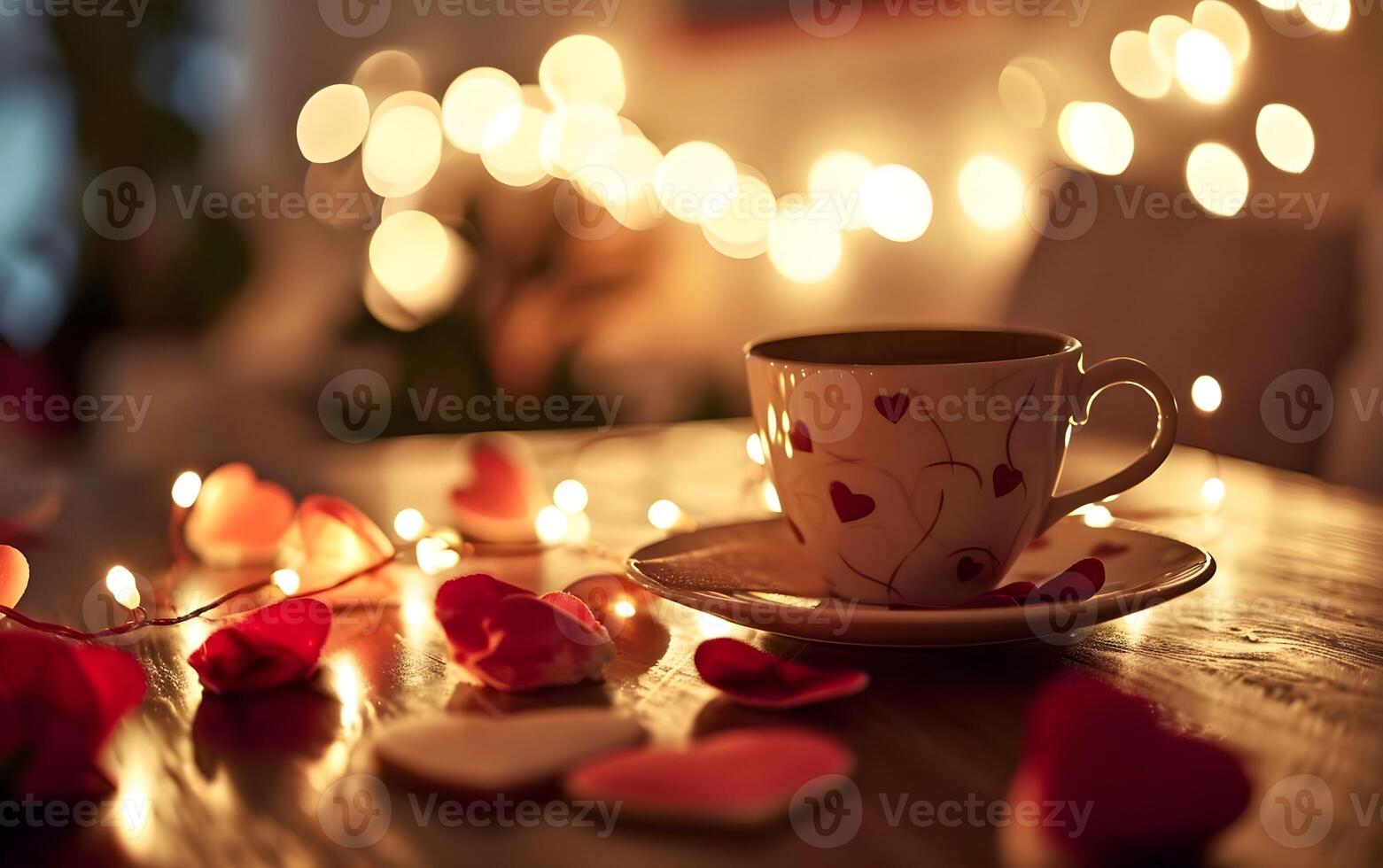 ai generato tazza di caffè e cuori su di legno tavolo nel camera decorato con luci. foto