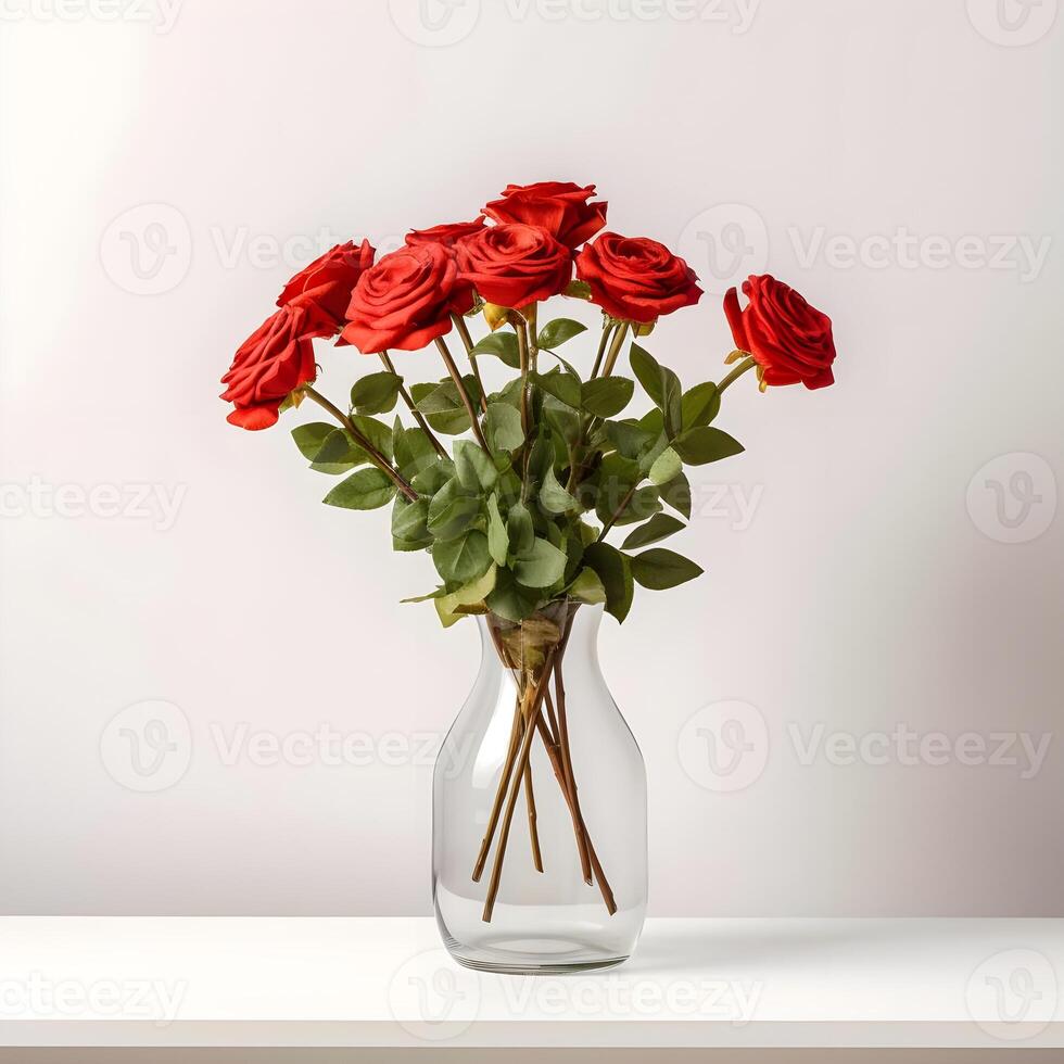 ai generato rosso Rose nel un' vaso su un' bianca mensola contro un' bianca parete foto