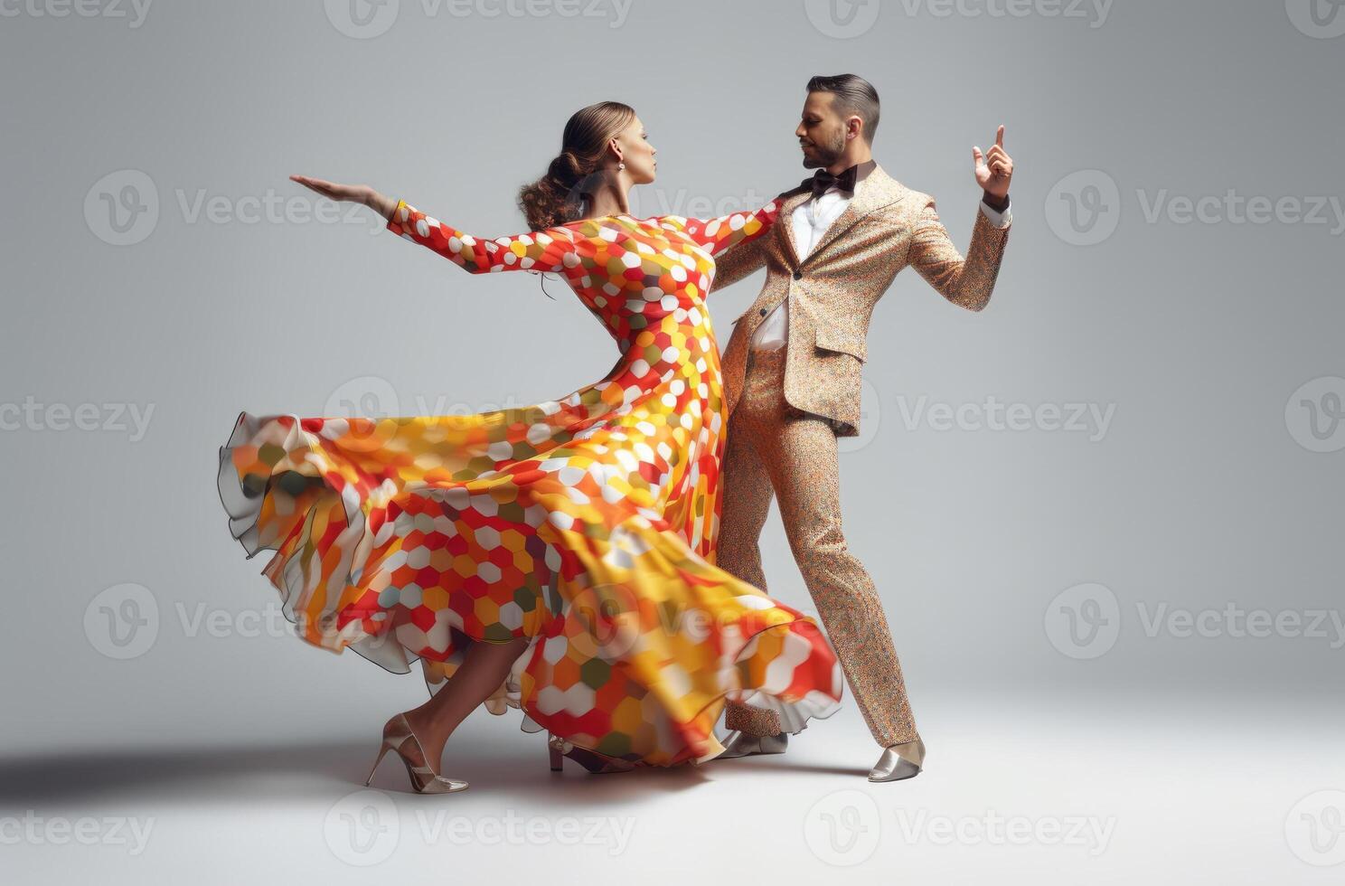 ai generato giovane coppia di sala da ballo danza danza su grigio studio sfondo foto