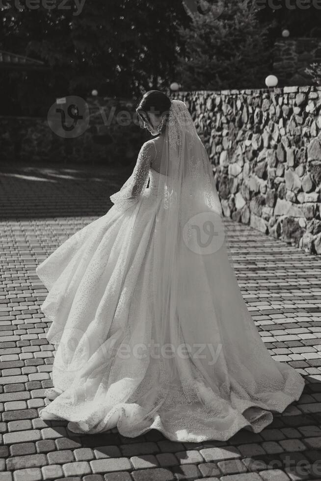 il sposa nel un' lussuoso vestito e velo passeggiate giù il pietra sentiero con sua le spalle trasformato. nero e bianca foto. magnifico vestito con lungo maniche, Aperto rompersi. estate nozze foto