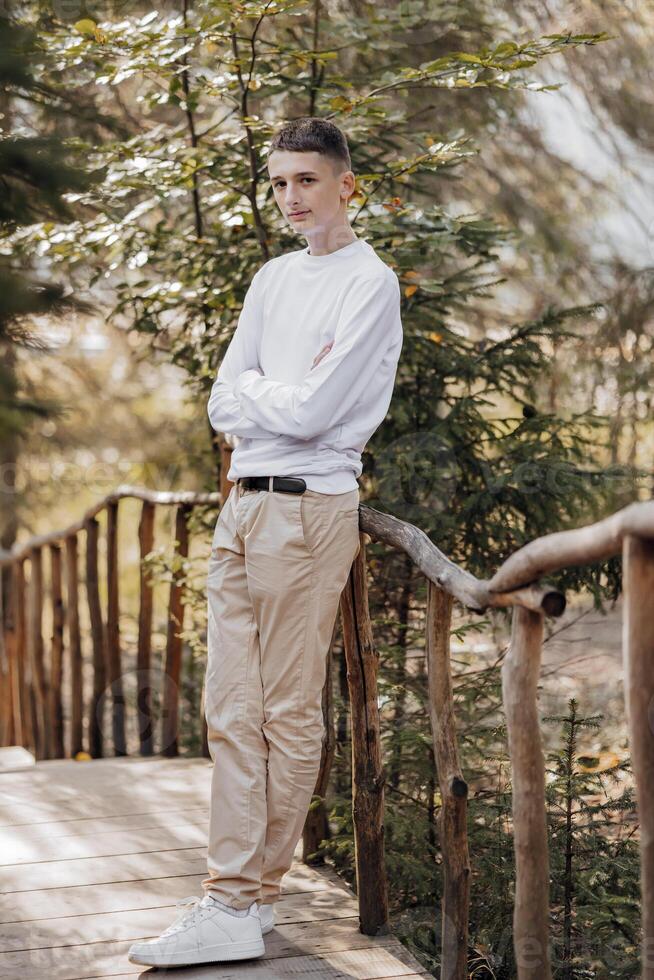 avvicinamento verticale ritratto di un' adolescente nel un' bianca maglione e Marrone pantaloni. contento sorridente adolescente nel estate parco nel luce del sole. un' bellissimo bambino è guardare a il telecamera nel il radura. foto