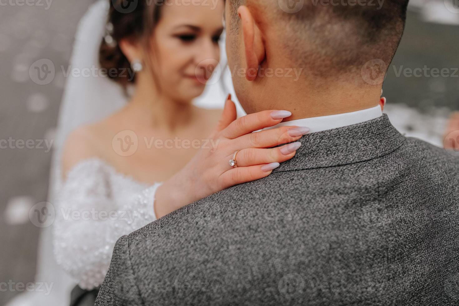 il sposa abbraccia il sposo. ritagliata foto. bellissimo manicure. un' camminare nel il foresta. inverno nozze foto