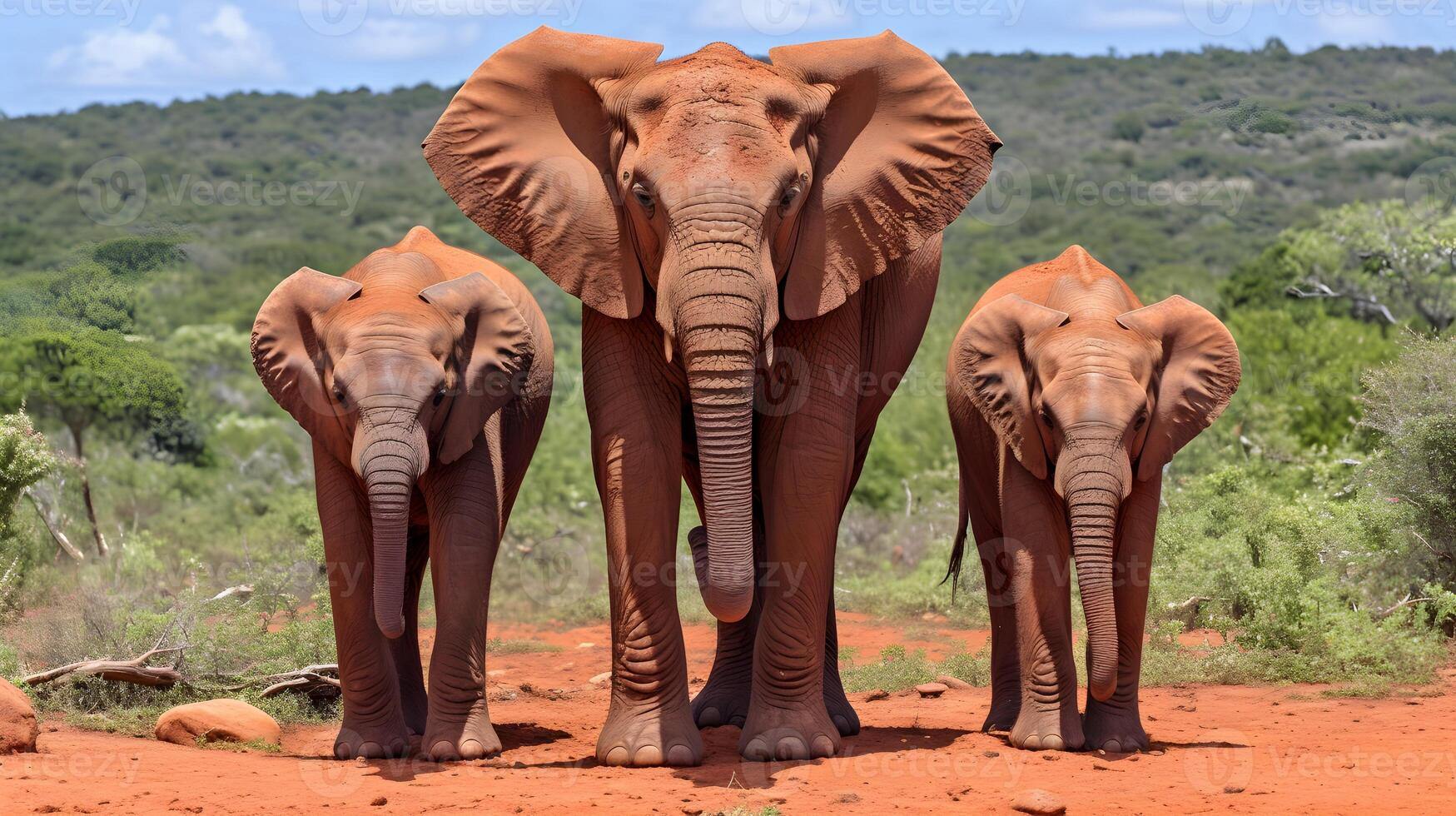 ai generato tre elefanti nel il savana. foto