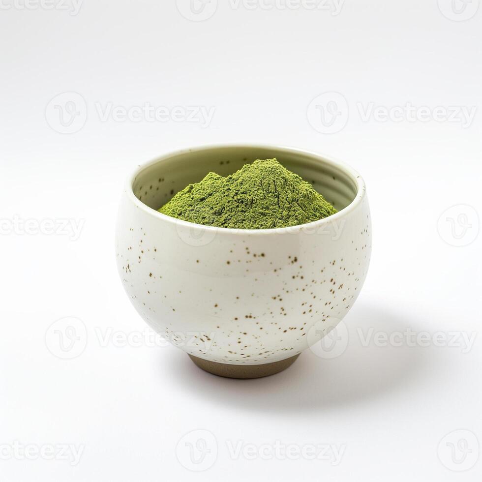 ai generato un' raffinato trasparente porcellana tazza con un' matcha verde tè polvere isolato su un' trasparente sfondo foto