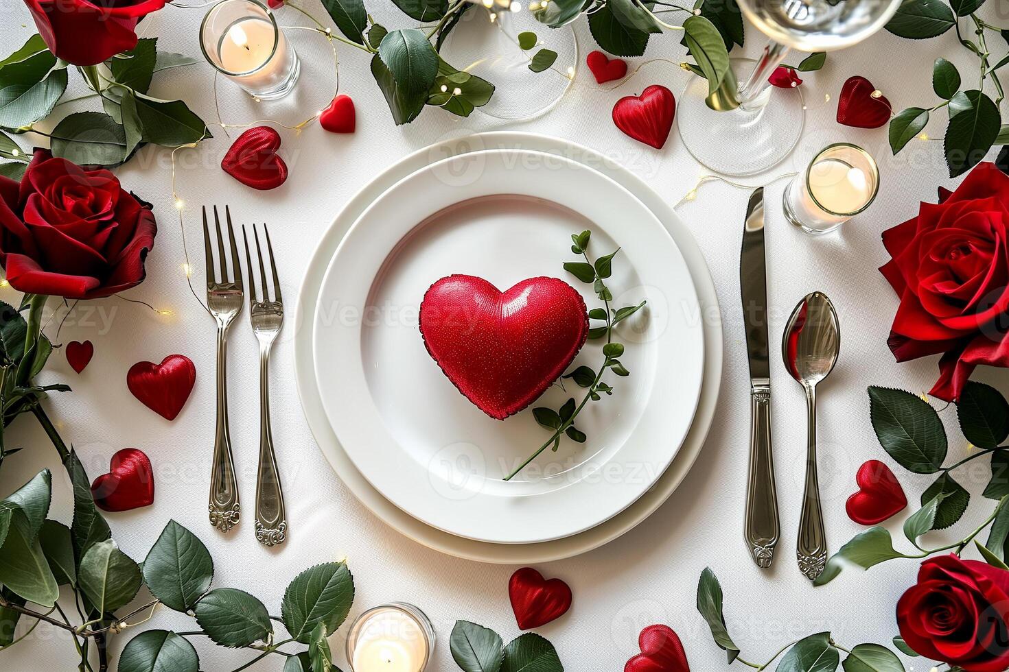 ai generato romantico san valentino cena con cuore su un' piatto foto