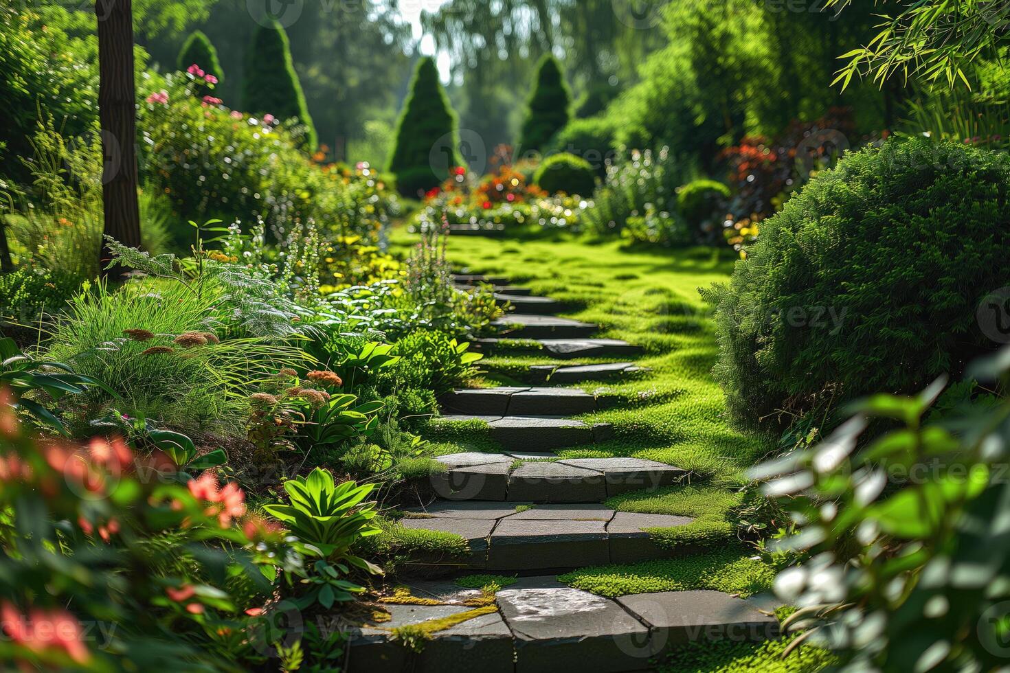 ai generato incantevole giardino sentiero, lussureggiante floreale passerella foto