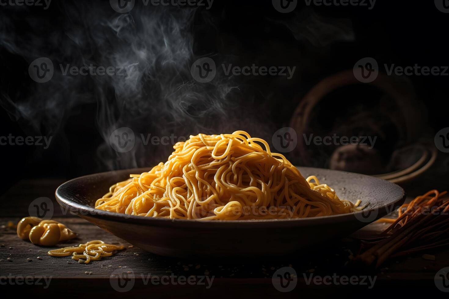 ai generato nero ciotola con Cinese tagliatelle jiangsu cucina. neurale Rete ai generato foto