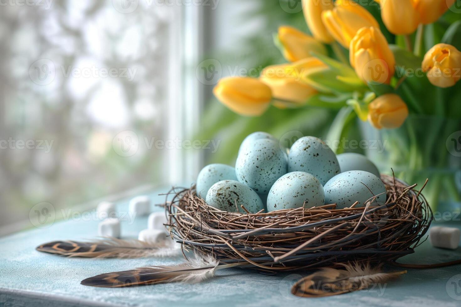 ai generato Pasqua festivo primavera tavolo ambientazione decorazione, uova nel nido, fresco giallo tulipani nel vaso, marshmallows, piume, famiglia cena o prima colazione concetto foto