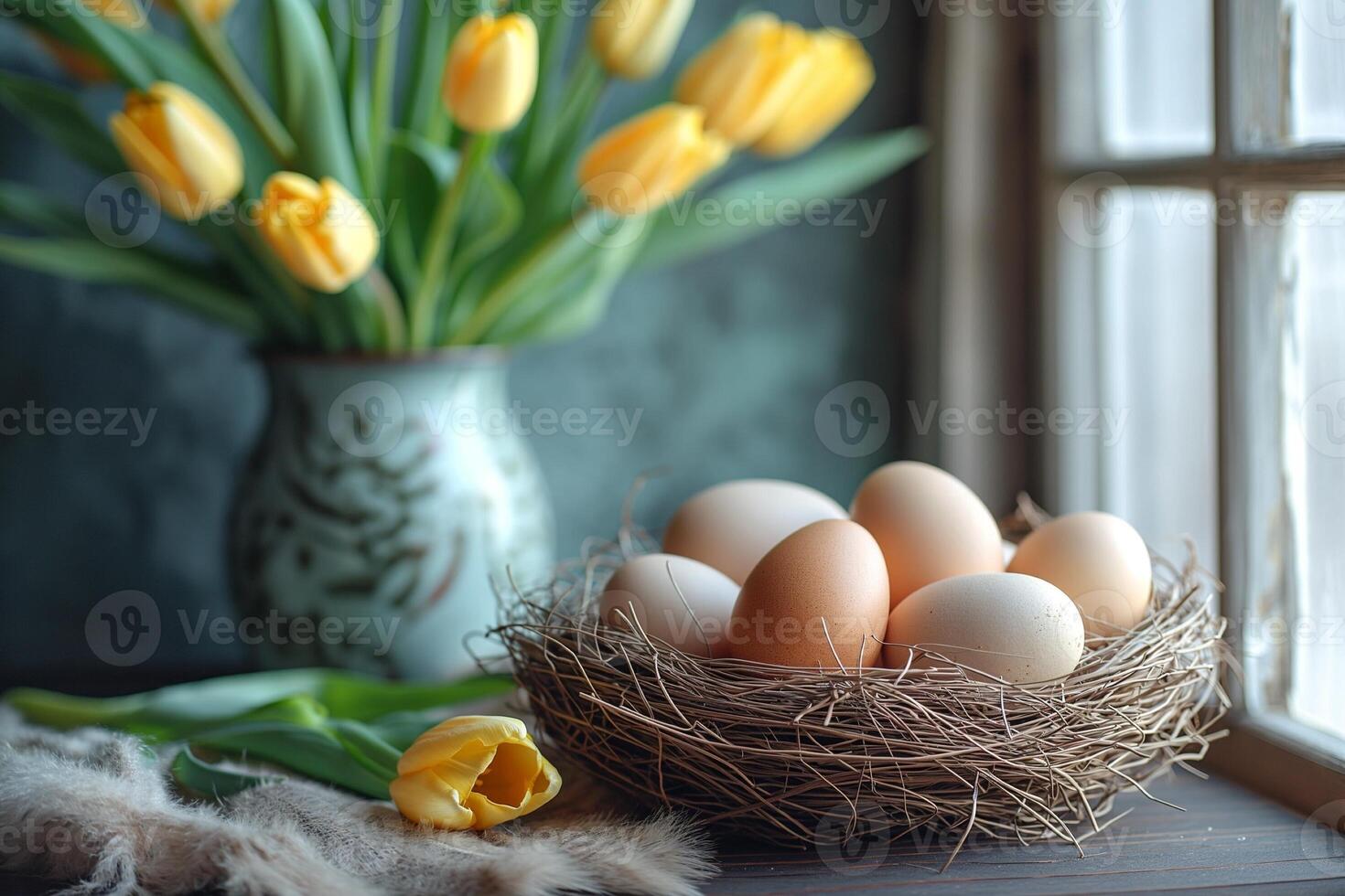 ai generato Pasqua festivo primavera tavolo ambientazione decorazione, uova nel nido, fresco giallo tulipani nel vaso, marshmallows, piume, famiglia cena o prima colazione concetto foto