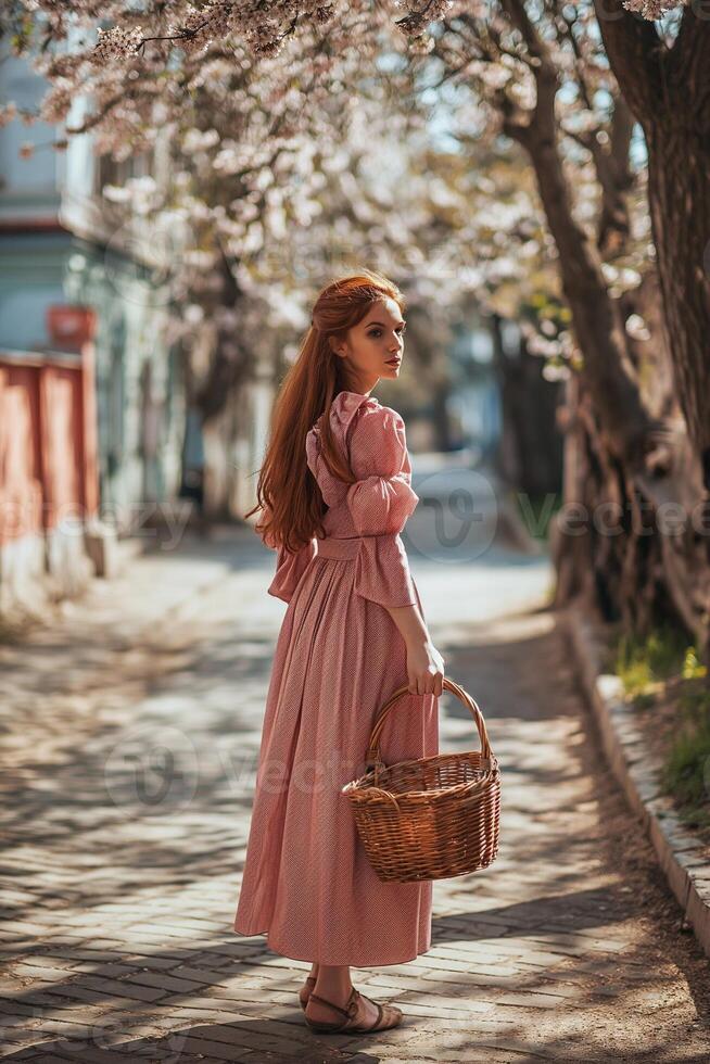 ai generato bellissimo giovane donna con rosso capelli nel un' rosa vestito detiene un Pasqua cestino nel sua mani su il strada foto