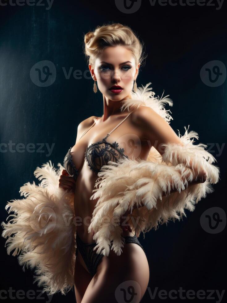 ai generato un' fascino burlesque ballerino con un struzzo piuma fan foto