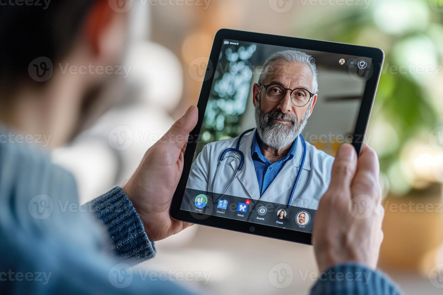 ai generato paziente coinvolgente nel un' virtuale medico consultazione con un' maschio medico visualizzato su un' tavoletta schermo. foto