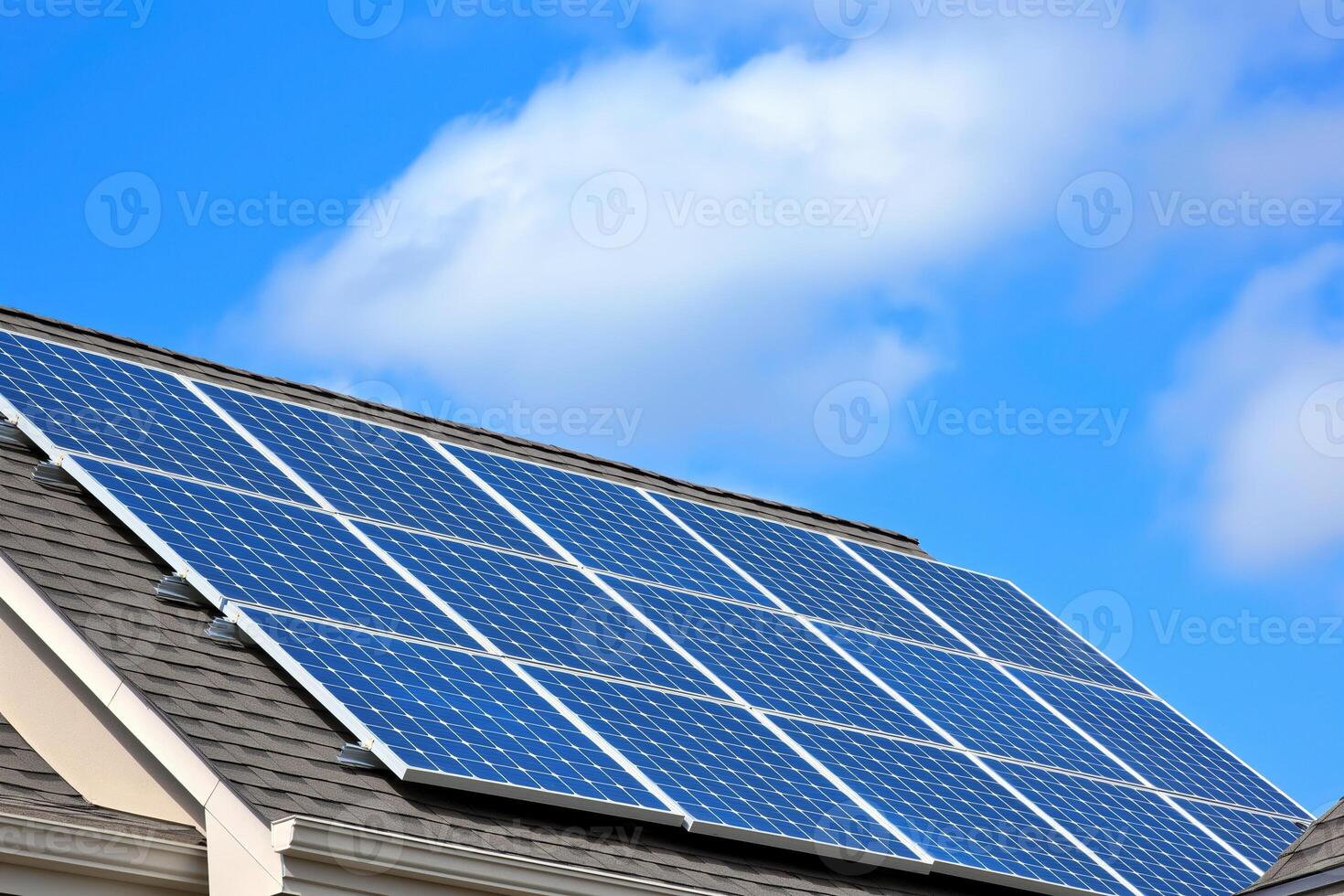 ai generato solare cellula piattaforme installato su tetti e edifici efficiente I negozi energia. il verde e pulito energia. fotovoltaico solare pannelli tetto per producendo pulito ecologico elettricità. foto