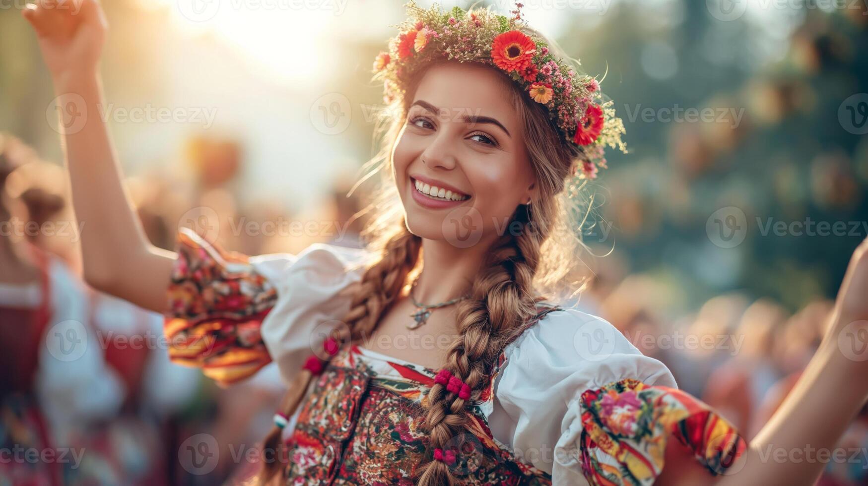 ai generato festivo scena di un' donna festeggiare Oktoberfest. lei è indossare un' tradizionale dirndl, danza o roteare, con Accessori piace un' fiore corona e birra boccale. foto