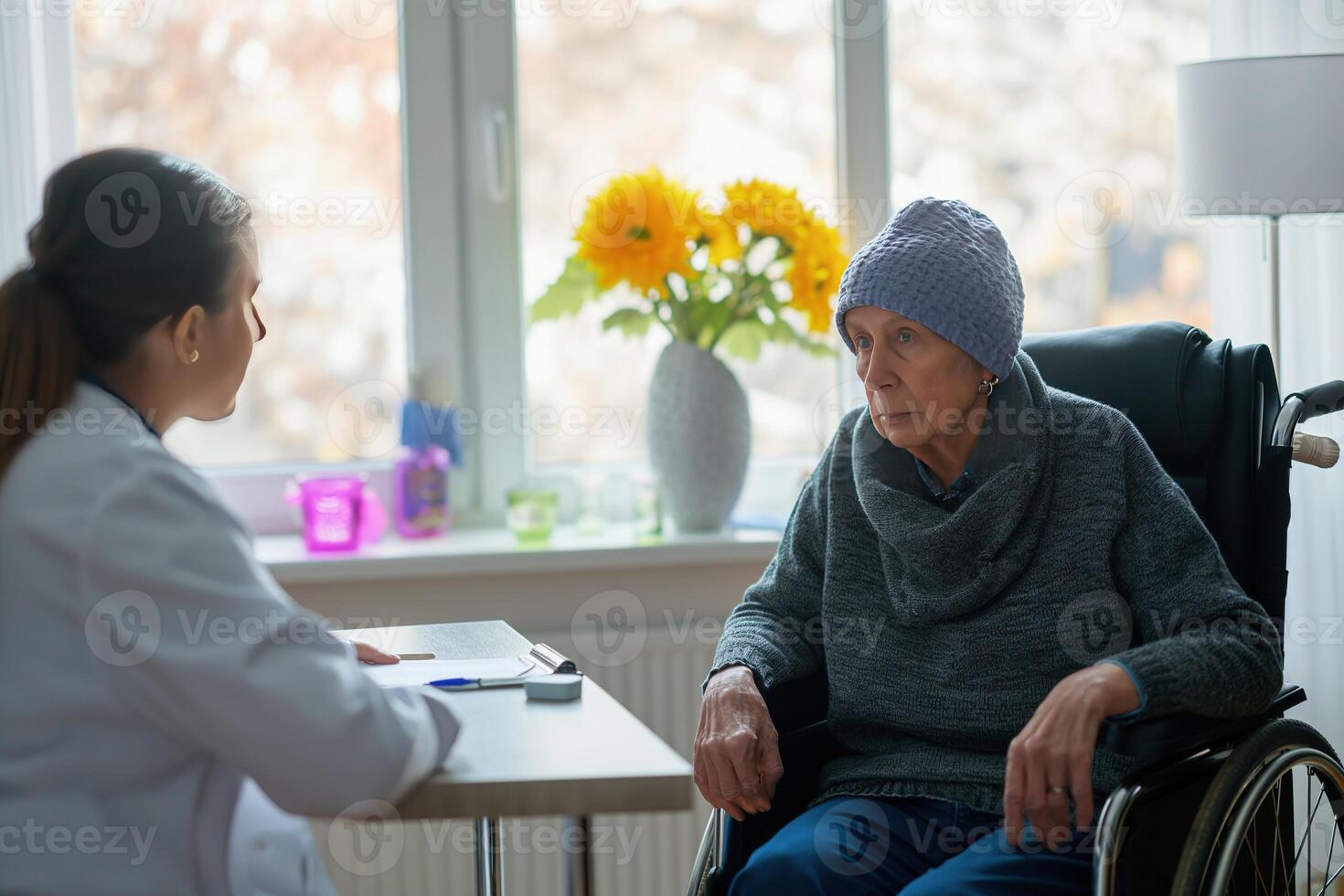 ai generato anziano donna consultare con medico di trattamento e dando speranza. donna custode nel bianca cappotto supporto incoraggiando vecchio persona. mondo cancro giorno concetto. foto