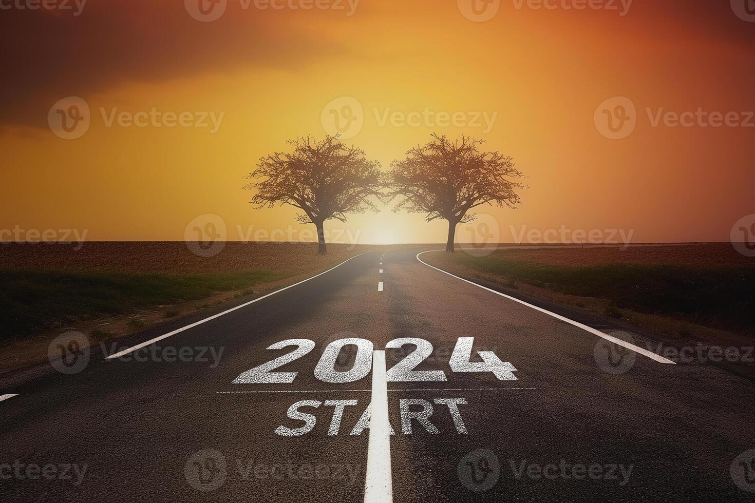ai generato contento nuovo anno 2024,2024 simboleggia il inizio di il nuovo anno. il lettera inizio nuovo anno 2024 su il strada nel il natura itinerario carreggiata avere albero ambiente ecologia o verdura foto