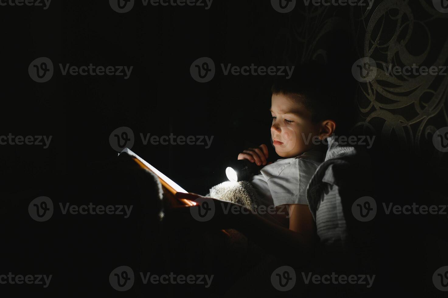 bambino lettura libro nel letto. bambini leggere a notte. poco ragazzo con Fata racconto libri nel Camera da letto . formazione scolastica per giovane bambini. di andare a dormire storia nel il sera. carino ragazzo sotto coperta nel buio camera con lampada foto