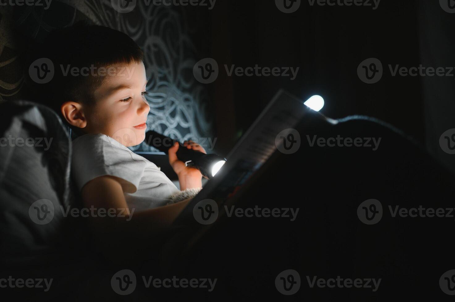 bambino lettura libro nel letto. bambini leggere a notte. poco ragazzo con Fata racconto libri nel Camera da letto . formazione scolastica per giovane bambini. di andare a dormire storia nel il sera. carino ragazzo sotto coperta nel buio camera con lampada foto