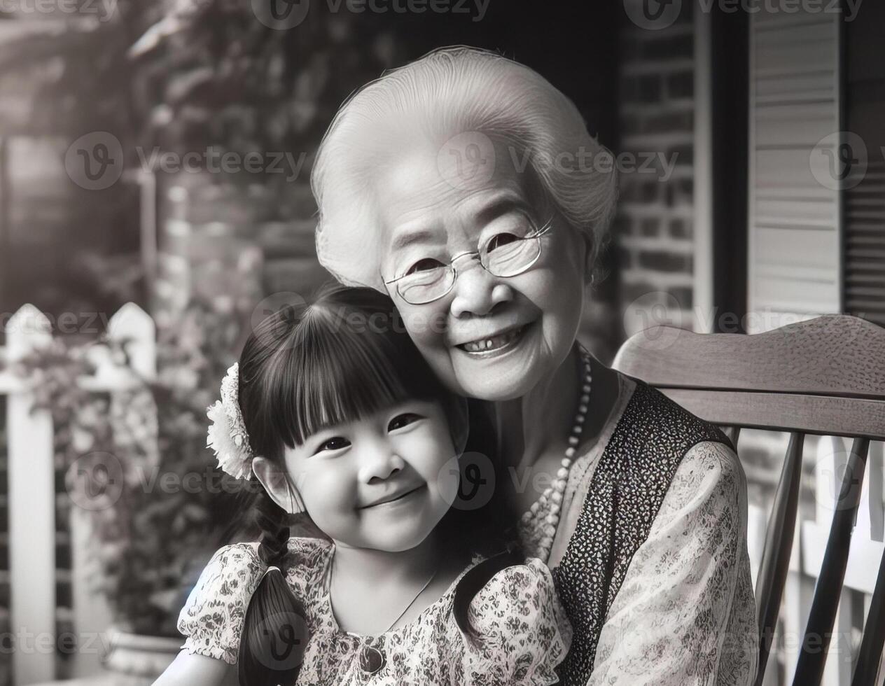 nero e bianca Immagine di il anziano asiatico signora con sua mille dollari figlia. concetto foto