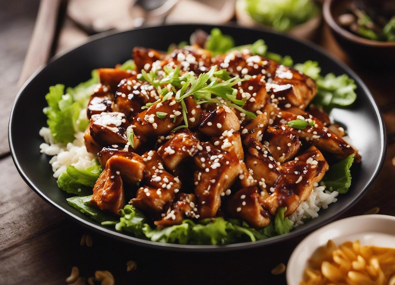 ai generato pollo teriyaki con riso e sesamo semi nel un' ciotola foto