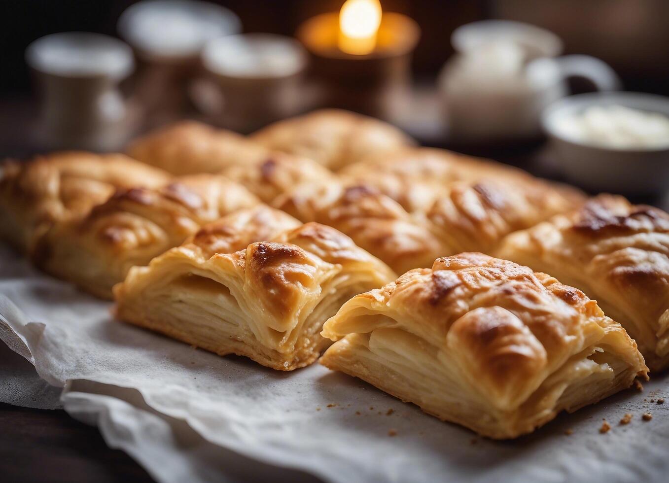 ai generato delizioso Turco cibo, vassoio Pasticcino su di legno sfondo foto