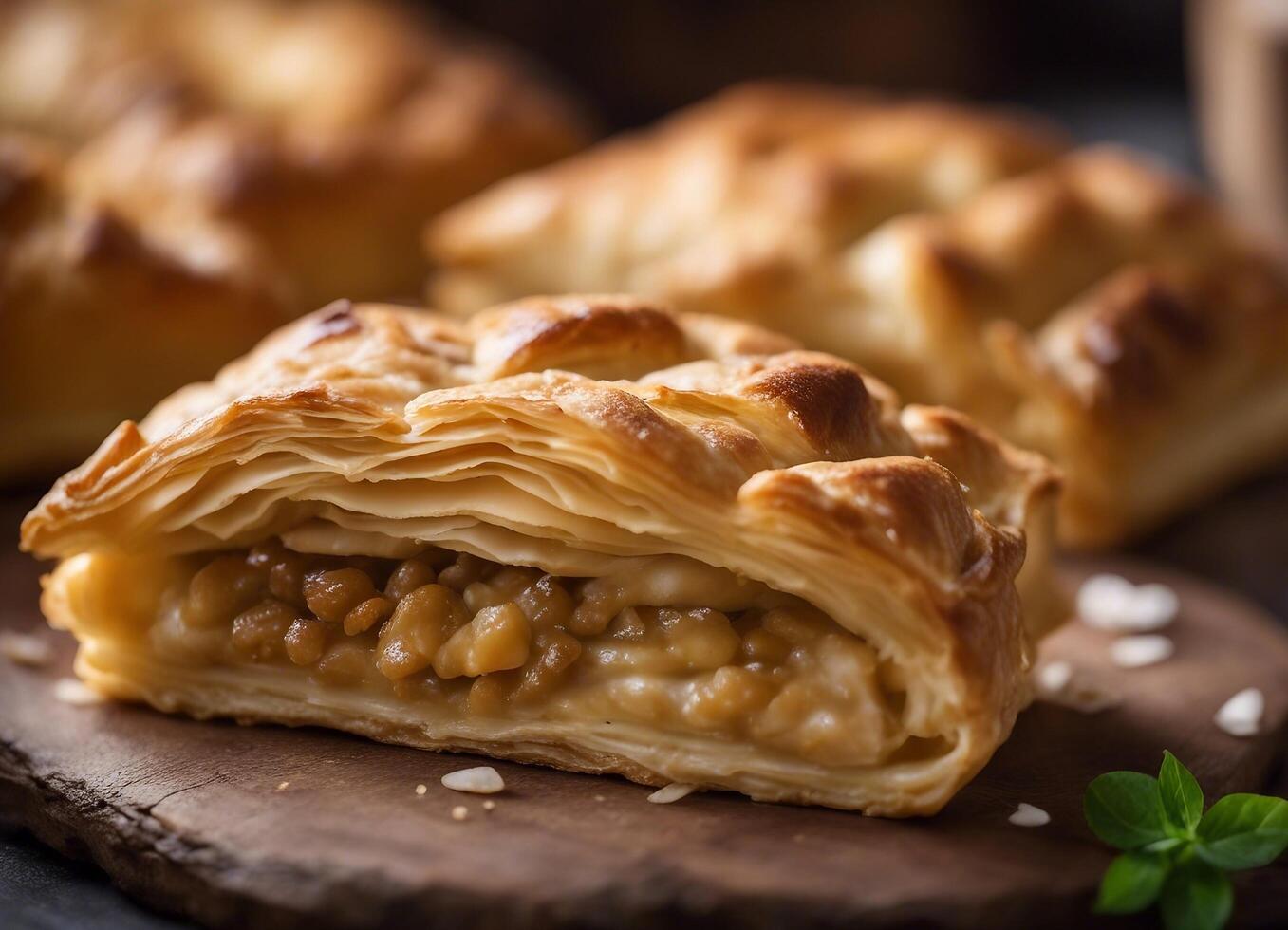 ai generato delizioso Turco cibo, vassoio Pasticcino su di legno sfondo foto