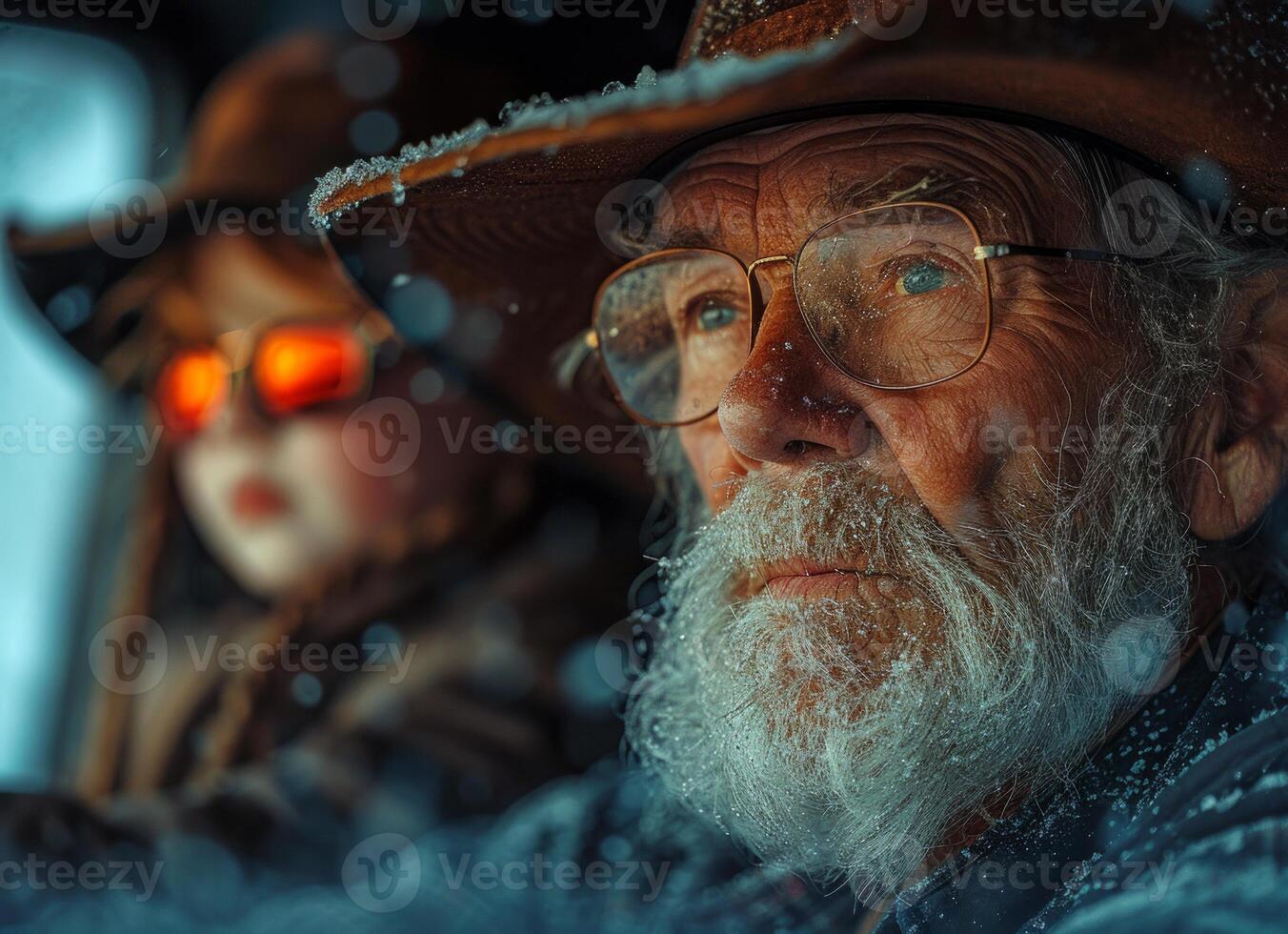 ai generato ritratto di un anziano uomo con cappello e bicchieri foto