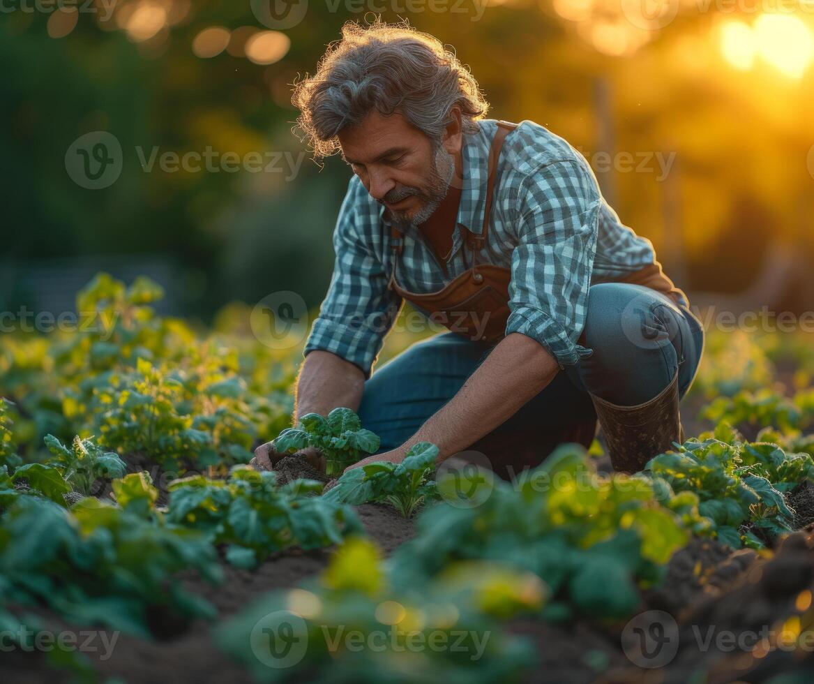 ai generato anziano contadino l'esame il suo insalata impianti nel il campo. uomo in ginocchio su un' azienda agricola e piantare verdure foto