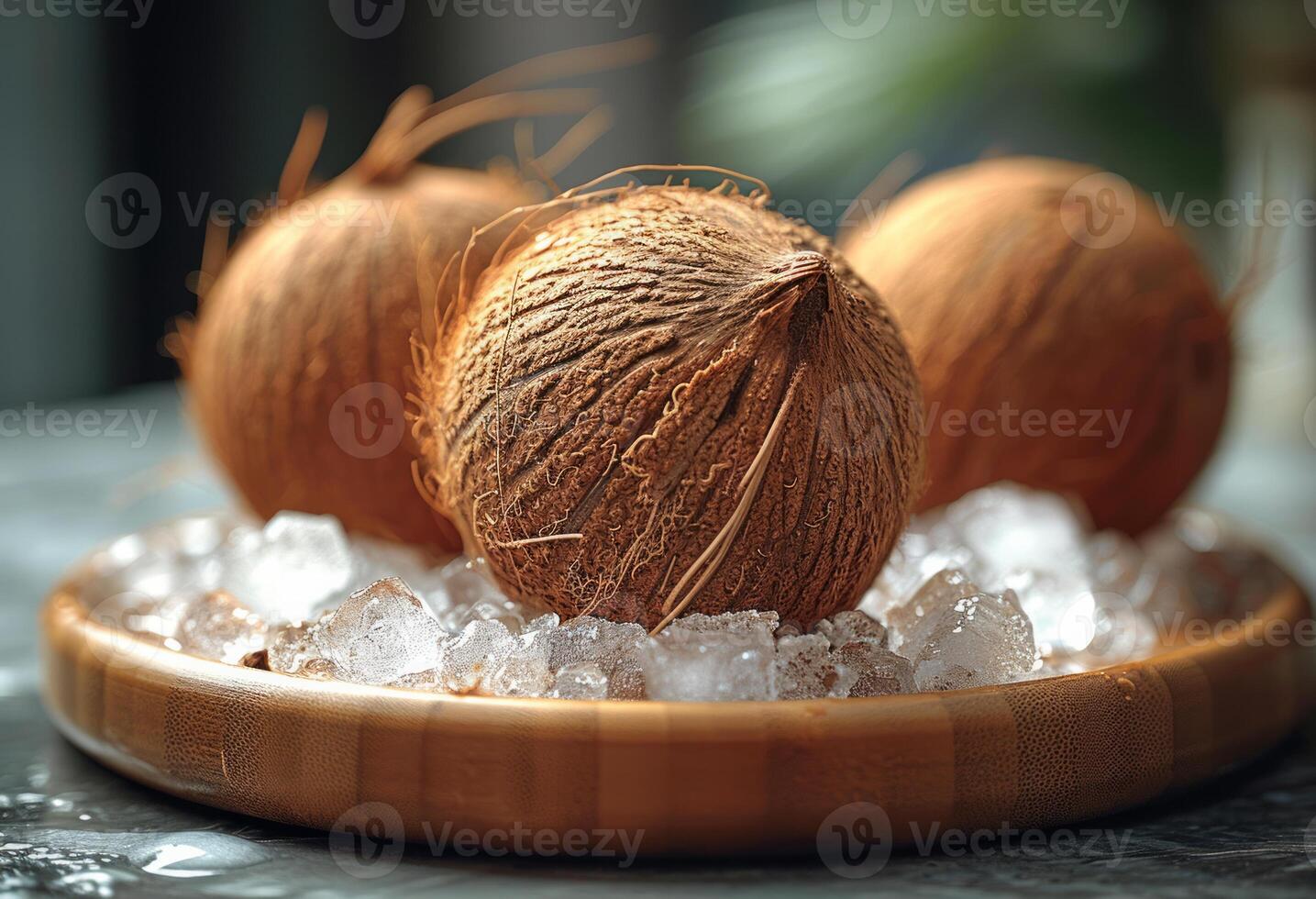 ai generato Noce di cocco su un' di legno vassoio. un' foto di tre noci di cocco posto su un' piatto con ghiaccio cubi, riposo su un' tavolo.