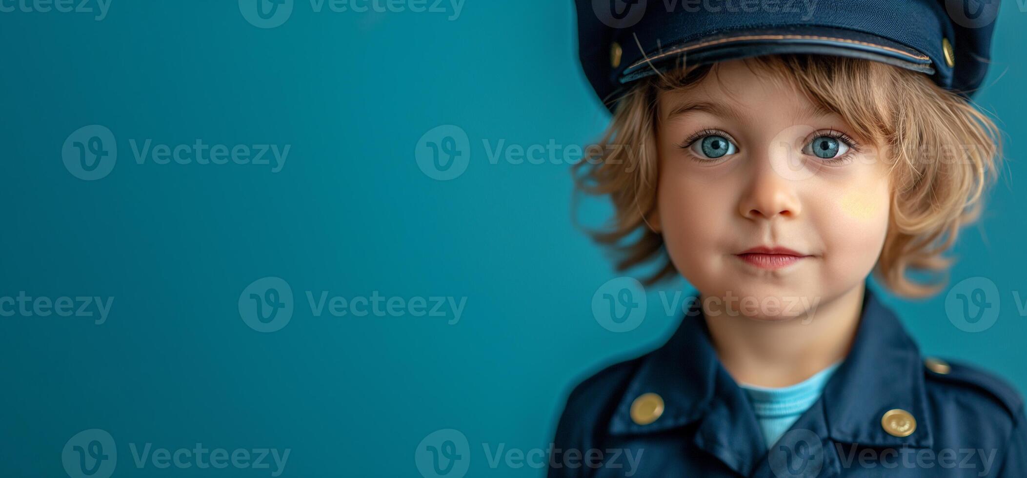 ai generato giovane bambino ragazzo vestito nel un' polizia uniforme piace il polizia isolato su blu bandiera sfondo, concettuale di immaginazione e sognare carriera, generativo ai foto