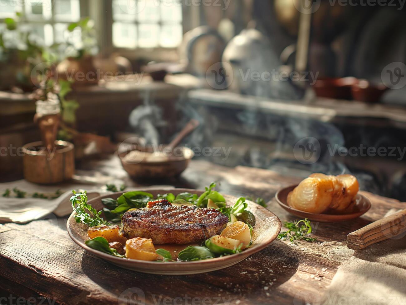 ai generato un' piatto di bistecca ha stato impostato su un' di legno tavolo nel un' cucina con immersione salse, fresco verdure insalata, cipolle e peperoni, generativo, ai foto