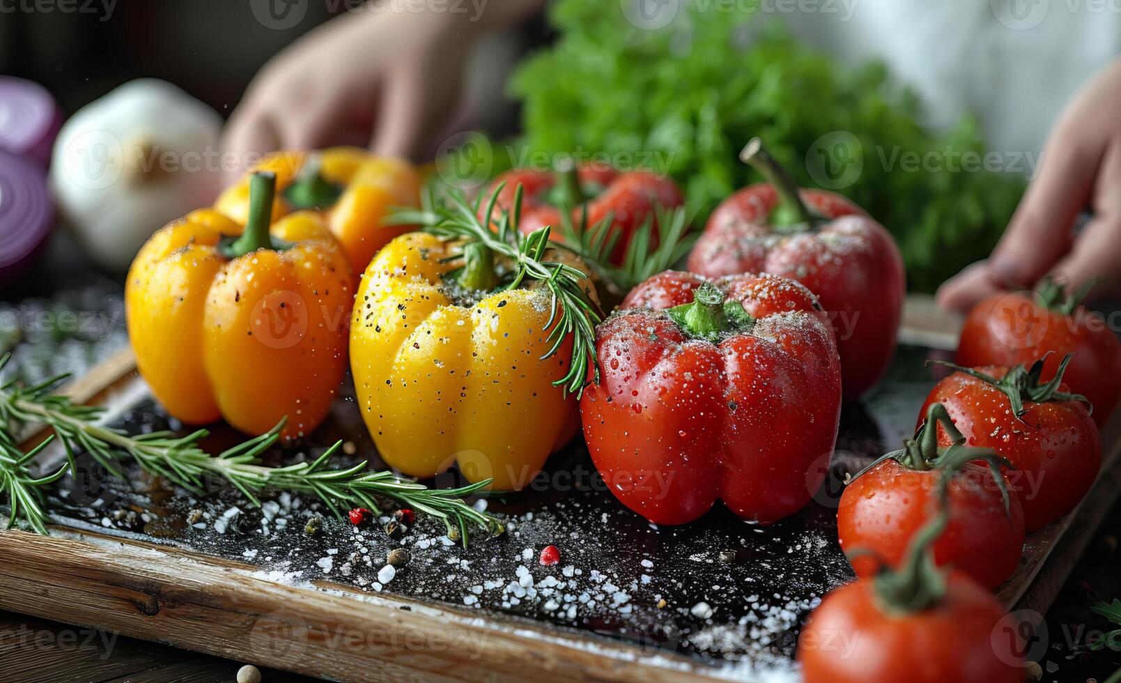 ai generato assortito fresco verdure disposte su di legno vassoio. un' largo varietà di fresco verdure creativamente disposte su un' di legno vassoio. foto