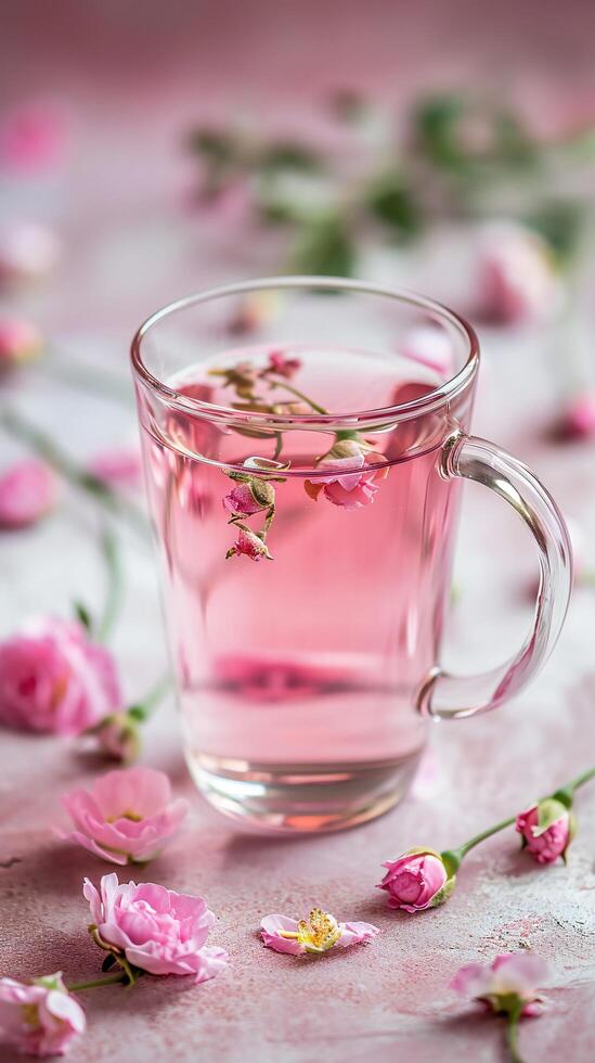 ai generato elegante rosa tè nel bicchiere boccale con floreale arredamento foto