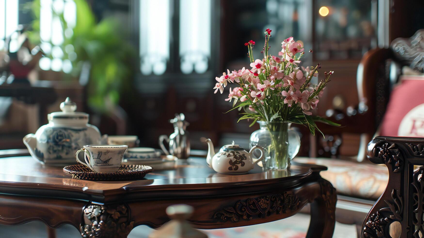 ai generato tradizionale tè tempo con rosa fiori foto