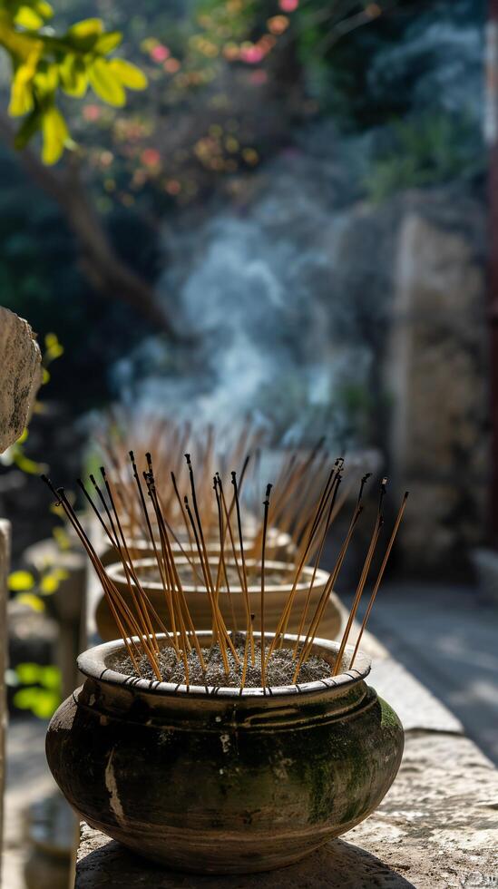 ai generato tranquillo incenso bastoni ardente nel un' giardino pentola foto