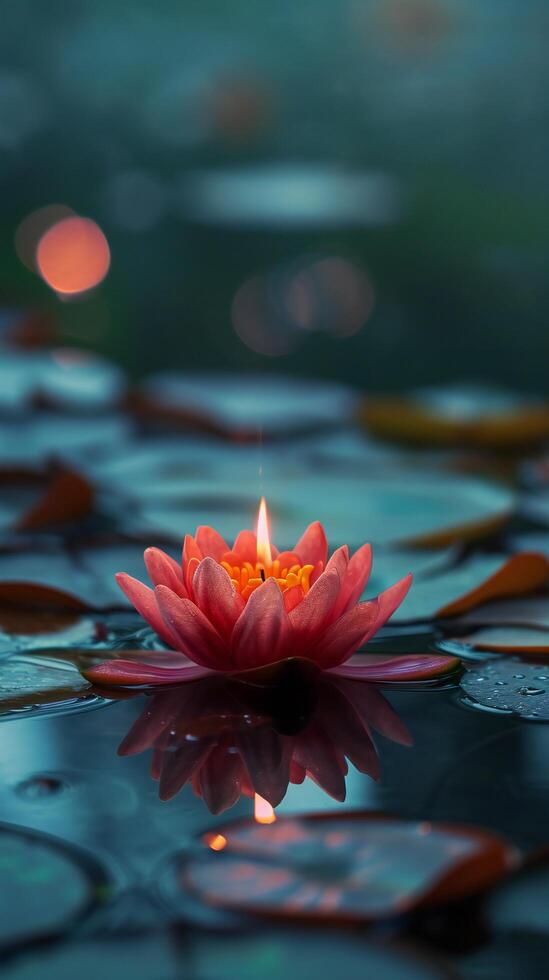 ai generato singolo illuminato loto candela la creazione di serenità su acqua foto