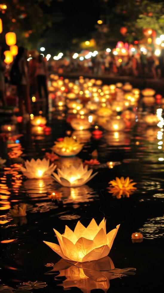 ai generato acqua lanterne illuminante il notte a Festival foto