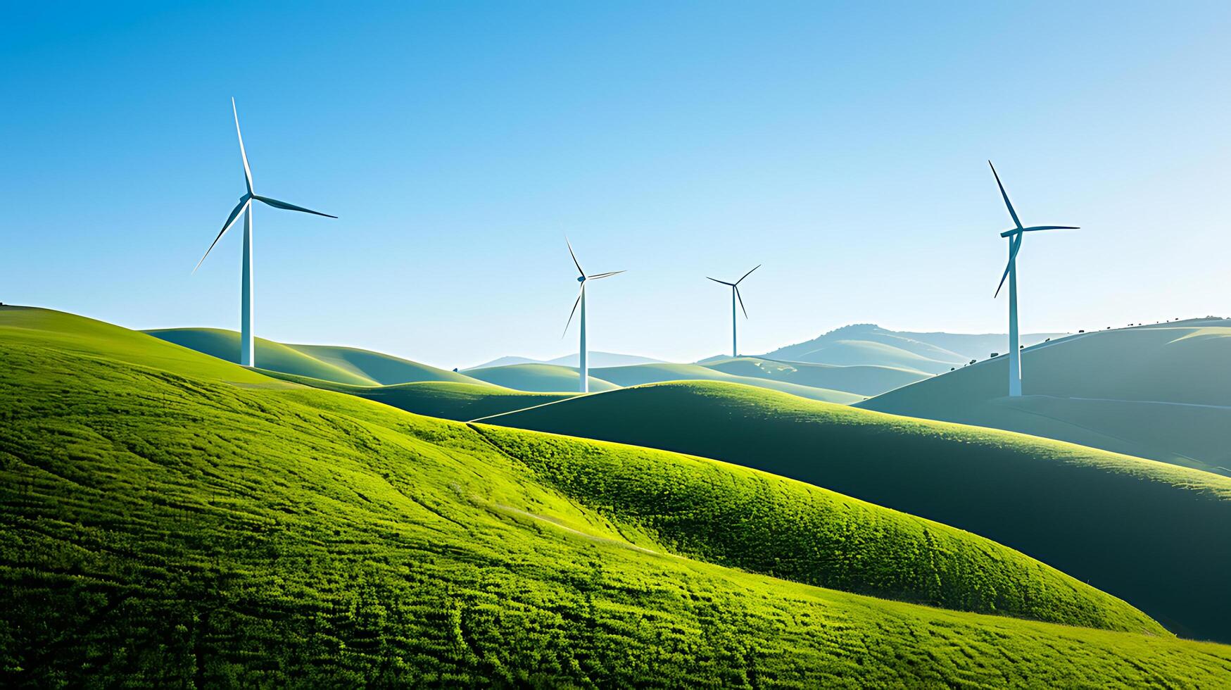 ai generato vento turbine a montagne nel un' rinnovabile energia paesaggio foto