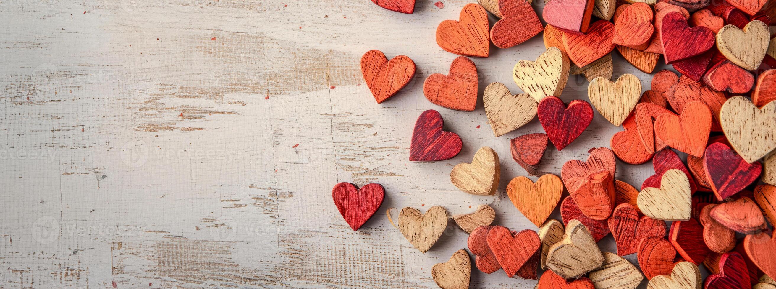 ai generato assortito di legno cuori diffusione su un' rustico superficie, ideale per San Valentino temi, amore concetti, e mestiere sfondi. foto